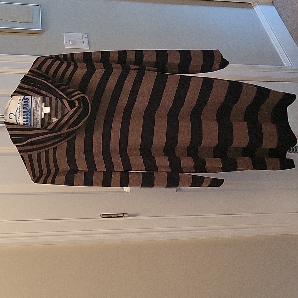 LOFT Navy and Tan Striped Cowl Neck Sweater